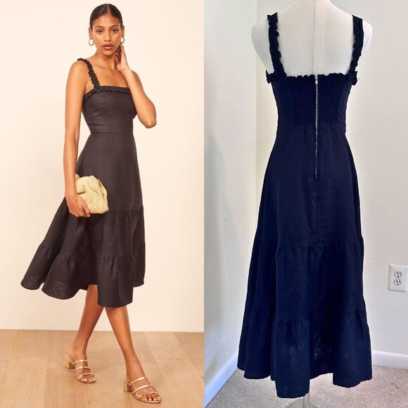 Reformation Hyla 100% Linen Black Ruffled Tiered Midi Dress Size 0 - Picture 1 of 9